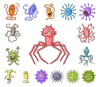 类型的有趣的微生物卡通图标集集合中的设计。微生物病原体载体标志物网插图