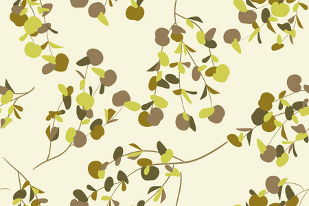 秋季无缝图案与桉树叶.枝叶自然的树枝.复古风格的装饰背景.