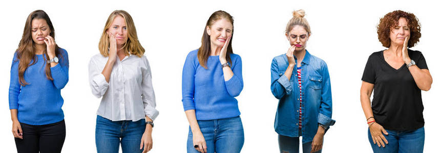 一群美丽的女人在白色孤立的背景上拼贴，用手触摸嘴，因为牙痛或牙齿上的牙齿疾病，表情痛苦。 牙医的概念。