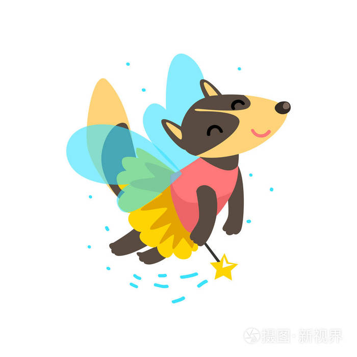 可爱的有翅膀的狼飞行与魔杖, 幻想童话动物动画片角色向量例证