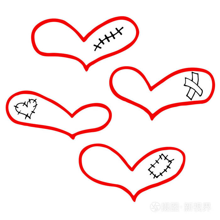 矢量集手画心脏与石膏疤痕和补丁涂鸦风格的情人节.