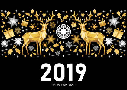 2019年新年快乐贺卡黑色背景与金色圣诞图案与圣诞鹿和雪花。 矢量模板。