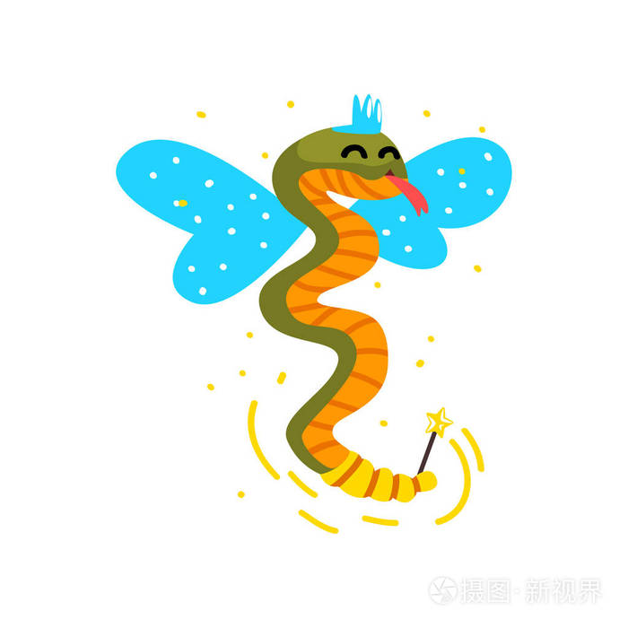 可爱的有翅膀的蛇与魔杖, 幻想童话动物卡通人物向量插图