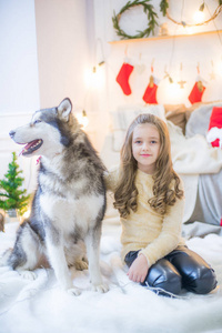一个可爱的女孩在家里和一只狗在家里玩耍，在装饰好的房间里过圣诞节