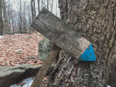 森林中的木制小径标志，供徒步旅行者关闭
