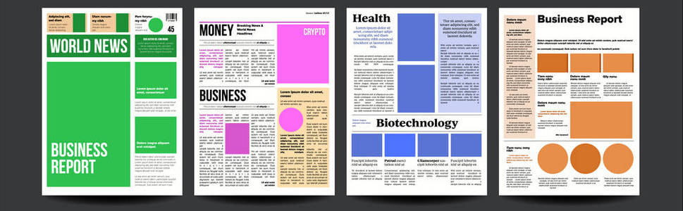 报纸向量。逼真的页面模板。新闻页面布局。列和照片。插图