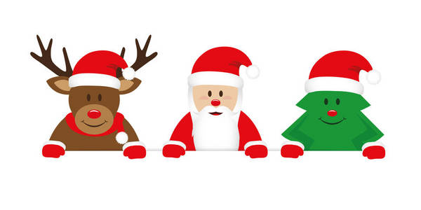 可爱的驯鹿圣诞老人和圣诞树卡通白色横幅