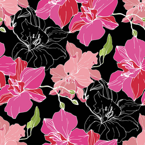 美丽的粉红色兰花花隔在黑色的背景上。 无缝背景图案。 织物壁纸印花纹理。 雕刻的水墨艺术。