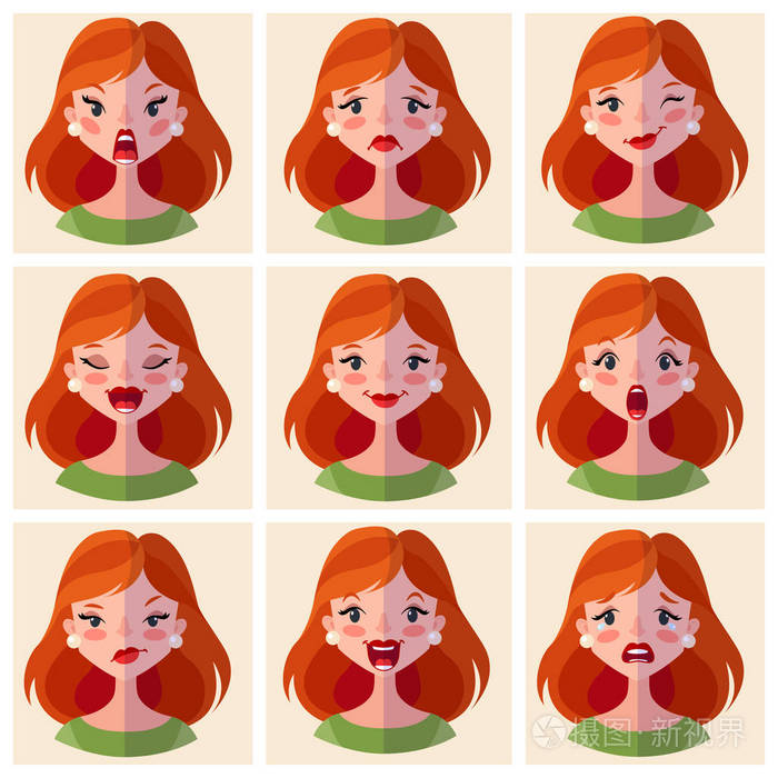 女性脸上有不同的表情. 平面设计的女人. 卡通人物. 矢量图.