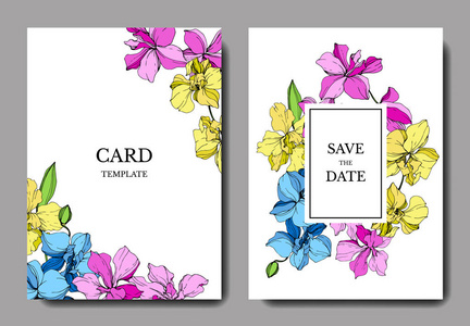 带有花卉装饰边界的婚礼卡片。 美丽的兰花。 谢谢RSVP邀请优雅的卡片插图图形集。