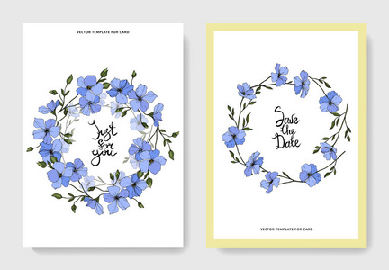 矢量。蓝色亚麻花。刻的水墨艺术..带有花卉装饰边界的婚礼卡片。谢谢，rsvp，邀请优雅卡片插图图形集。