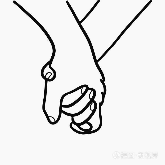 矢量手绘插图情人手牵手,手绘孤立在白色背景上