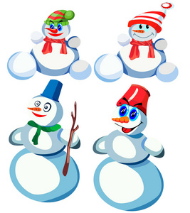 一组四个雪人在不同的头饰和不同的围巾矢量在一个白色。