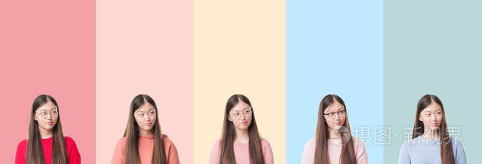 拼贴美丽的亚洲女人在五颜六色的条纹上，孤立的背景，微笑着，看着一边，凝视着思考。