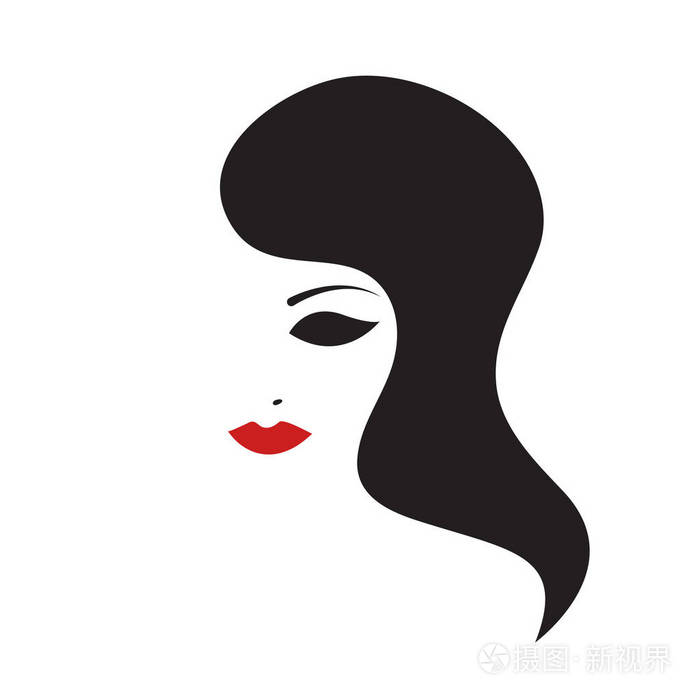标志时尚博主美丽抽象女脸女孩化妆和黑发. 美容院图标. 矢量插图