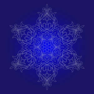 以曼陀罗形式的装饰品的孤立轮廓。 复古曼陀罗元素的花卉风格。 东方曼陀罗图案矢量插图蓝色背景