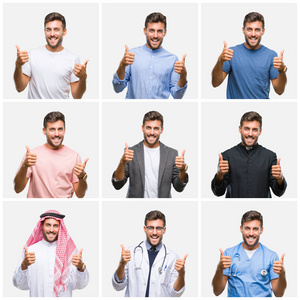 拼贴的年轻医生阿拉伯商人孤立的背景成功标志做积极的手势，用手竖起大拇指，微笑和快乐。 用欢快的表情看着相机，胜利者的手势。