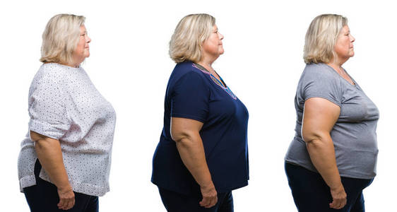 拼贴资深胖女人在孤立的背景下,看着侧面放松的轮廓姿势,自然的脸