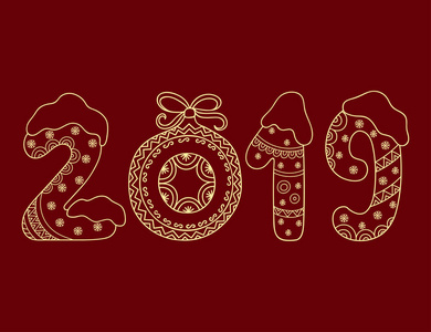 装饰形象的数字2019年卡通风格的问候与新年。 图案形式的数字圣诞树球弓和雪花。