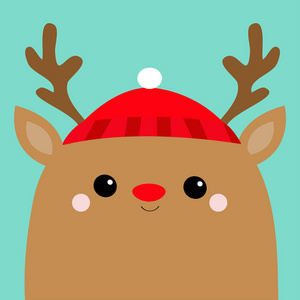 驯鹿鹿头脸。 红帽子鼻子角。 圣诞快乐。 新年快乐。 可爱的卡通卡瓦伊婴儿角色。 有趣的动物。 平面设计。 你好，冬天。 蓝色背