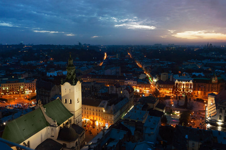 全景夜间城市景观在屋顶灯光中心和圆顶LV IV城市乌克兰与太阳耀斑