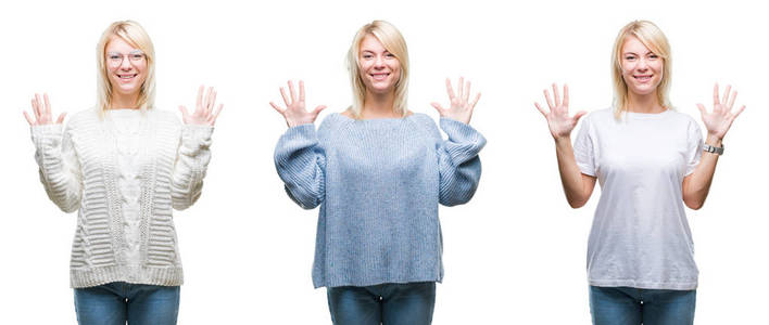 拼贴美丽的金发女人穿着冬天的毛衣，在孤立的背景上，显示和举着号手指，同时微笑自信和快乐。