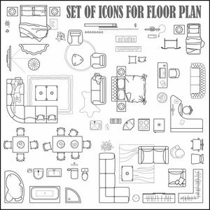 为设计室内和建筑项目设置平面图图标从上面看。 家具细线图标在顶部视图的布局。 蓝图公寓。 向量