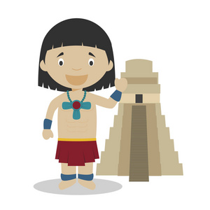 玛雅卡通人物，有一个典型的神圣寺庙。 矢量图。 儿童历史收藏。