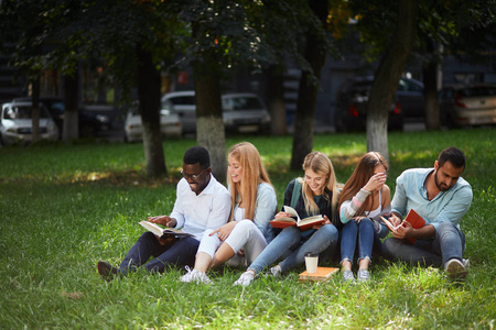 在大学校园绿色草坪上共同坐着的混合竞赛学生群体