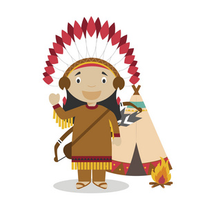 具有典型TEPEE的美洲土著卡通人物。 矢量图。 儿童历史收藏。