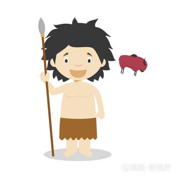 石器时代男孩卡通人物与一幅岩画矢量图儿童历史收藏