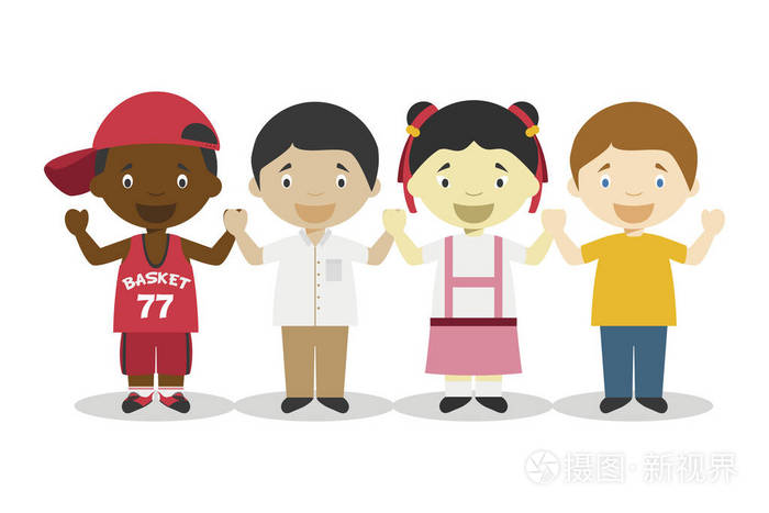 四个不同种族的孩子牵手代表全球化时代的卡通人物矢量图儿童历史收藏