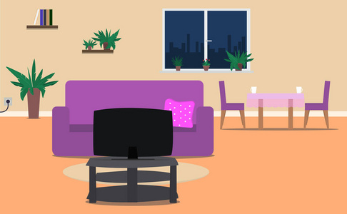 舒适的内部，客厅和餐厅与家具沙发，电视，桌子，椅子，窗户，植物。矢量图。
