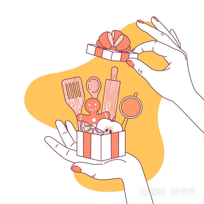 插画 女人手拿着一份礼物做饭的情人.购物.厨具.向量例证.eps
