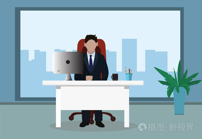 办公室里的商人经理坐在桌子旁办公室工作场所配有桌子窗户桌椅咖啡杯