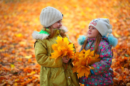 两个女孩在一个秋天的公园里，放着一束叶子