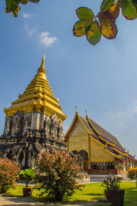美丽的教堂和金色的兰纳风格的切迪，由一排排大象形状的支柱支撑在吴清曼最古老的寺庙在清迈泰国，由国王孟拉伊在1296年建造的兰纳王