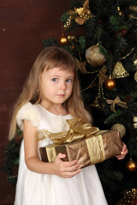 圣诞树附近的一个女孩拿着礼物