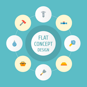 一套行业图标平面样式符号与油灰刀, 电动锯, 工具箱和其他图标为您的网络移动应用程序徽标设计