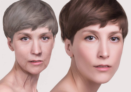 医美对比抗衰老,美容,衰老和年轻,起重,护肤,整形外科概念照片