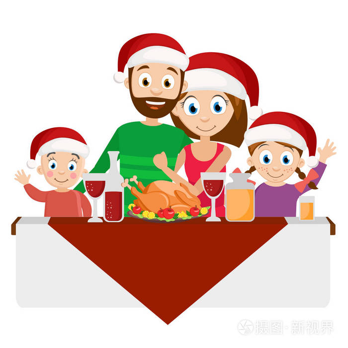 年轻的家庭在圣诞晚餐在白色的红帽子
