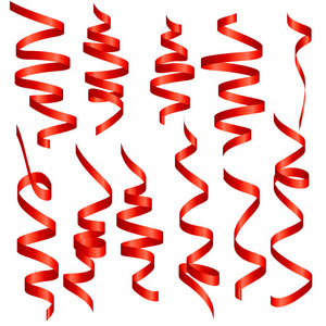 明亮的红色蛇形在白色背景。一套卷曲的丝带, 节日装饰元素的节日, 圣诞装饰, 党, 生日, 节日嘉年华, 贺卡。向量例证