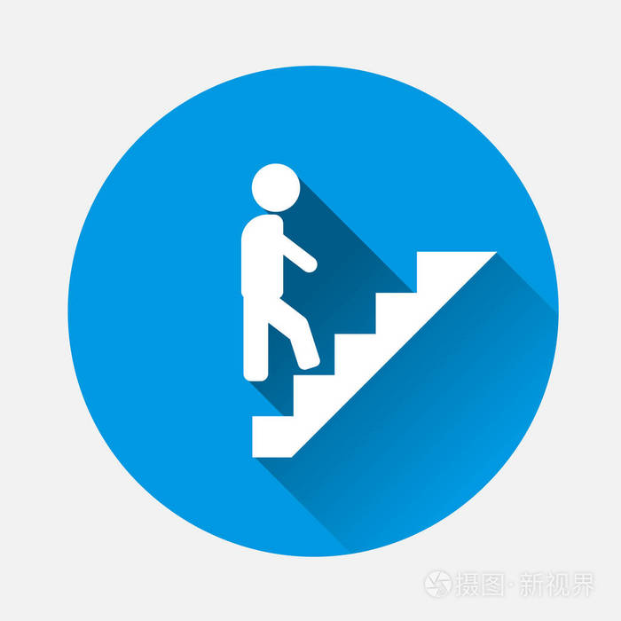 一个男人的矢量图标在蓝色背景上上楼梯平面形象职业阶梯与长阴影图层