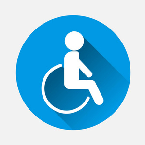 蓝色背景上的矢量插图轮椅。 平面图像轮椅图标与长阴影。 图层分组，以便于编辑插图。 为了你的设计。