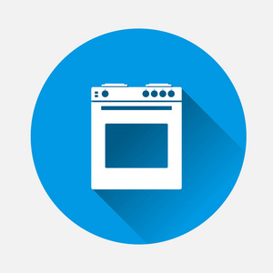 矢量图标燃气灶，带蓝色背景的厨房烤箱。长阴影平面形象家电。图层分组以便于编辑插图。为了你的设计。
