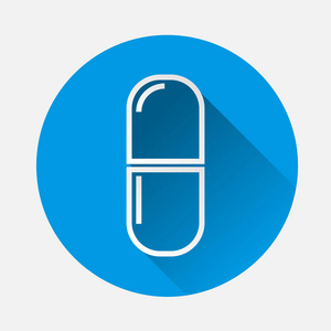 蓝色背景上的药物图片. 扁平图像胶囊与长阴影.