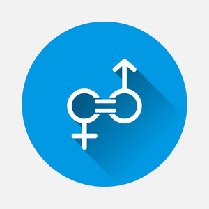 蓝色背景上的性别平等矢量图标。 平面图像符号男女与长阴影相等。 图层分组，以便于编辑插图。 为了你的设计。