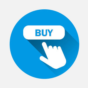 购买按钮矢量图标与平面阴影。 手按下互联网上的购买按钮。 图层分组，以便于编辑插图。 为了你的设计。