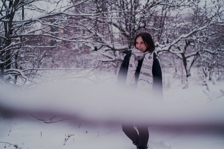 这个女孩在冬天的树林里休息。 在冬天的公园里，年轻的女人在雪地里散步