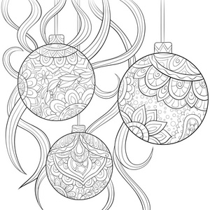 三个圣诞装饰球的圣诞装饰球，带有成人装饰图像。一个用于放松活动的书页。六个用于打印的艺术风格插图。海报设计。